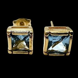 Vintage Sterling Silver Vermeil Square Blue Topaz Stud Earrings