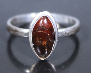 Fine Sterling Silver Genuine Amber Ladies Ring Cabochon Stone Size 7