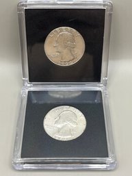 2 Beautiful 1964 And 1964-D Uncirculated Silver Washington Quarters In Plastic Cases