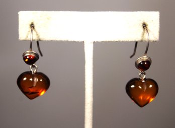 Sterling Silver And Heart Shaped Genuine Amber Drops Pierced Earrings