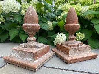 Pair Antique Acorn Finials Of Carved Wood