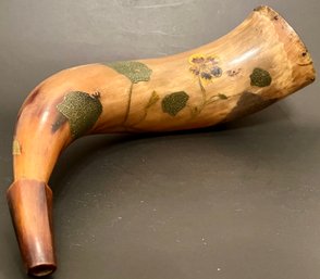 Antique Powder Horn - Cow Ox - Hand Painted Decorated - Edwardian Pansies Ivy - Victorian Winter Scene - 14 In