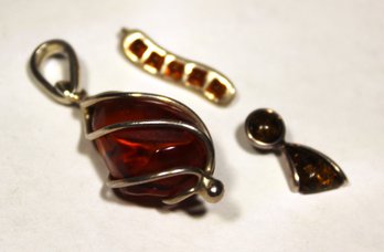 Lot Of Three Genuine Amber Pendants In Sterling Silver One Large