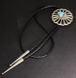 Vintage Sterling Silver Sand Cast Native American Bola Tie Turquoise Stone