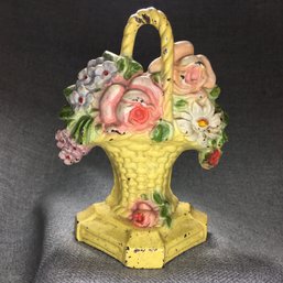 Beautiful Antique / Vintage Cast Iron Flower Basket Doorstop - Nice Original Paint - Nice Worn Paint !