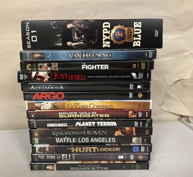 15 DVD Movies - Justified, The Fighter, Van Helsing, The Golden Compass, Argo, Appaloosa, NYPD Blue.  KD/E2