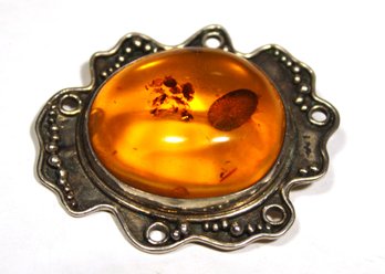 Large Sterling Silver And Very Large Genuine Amber Stone Brooch