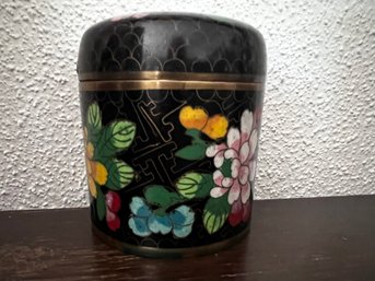 Gorgeous Vintage Black Enamel Covered Jar With Floral Pattern