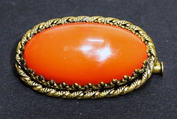 1920s Gilt Brass Coral Colored Stone Brooch