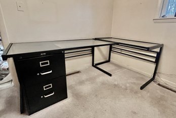 Two Glass Topped Metal Desks Plus Steel File Cabinet