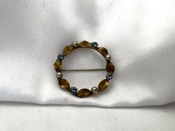 Vintage Wreath Form Gold Vermeil Sterling Pin With Seed Pearls & Aquamarine Stones