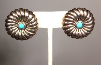 Fine Vintage Sterling Silver Genuine Turquoise Pierced Earrings