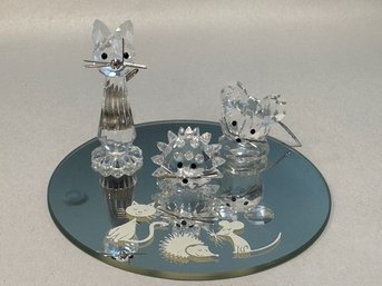 Swarovski Crystal Figurine - Cat, Porcupine And Mouse, With Mirror