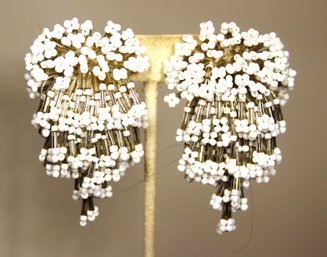 Vintage Fancy Beaded Clip Earrings In White And Silver Colored Beads