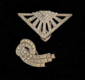1950's Lot Of 2 Rhinestone Dress Clips- Fan Shaped Signed Carolee 2nd Unmarked Clips Work Well