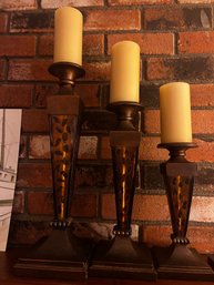 Trio Of Metallic Bronze Candle Pillars