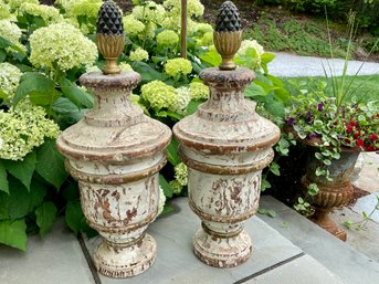 Large Pair Of Antique Turned Finials With Pinecone Tops, Perfectly Distressed.