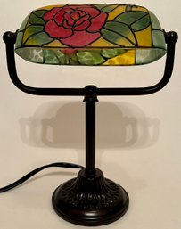 Tiffany Style Small Mini Bankers Desk Lamp - Red Roses - 7.5 H X 7.5 X 4 - Yah Fei - YF-KO5 - Glass Metal