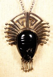 Large Mexican Sterling Silver Mask Brooch Pendant Black Onyx