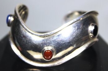 Fine Modernist Sterling Silver Cuff Bracelet Having Bezel Set Semiprecious Stones