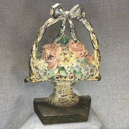 Very Pretty Antique / Vintage  Casr Iron Flower Basket Doorstop With Tied Ribbon - Lovely Soft Colors