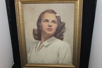 Wonderful 1940s Signed Oil On Board Painting Of An Attractive Young Lady In Original Frame