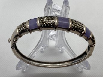 Fine Artist Signed Sterling Silver Bangle Bracelet With Lavender Jade And Marcasite Panels