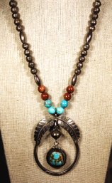 Vintage Native American Indian Sterling Silver Squash Blossom Necklace Coral Turquoise