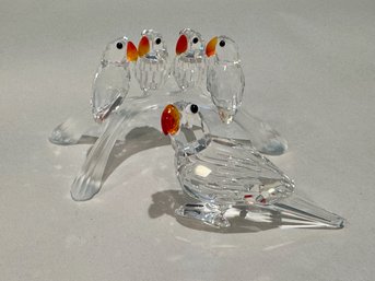 Swarovski Crystal Figurines - Parrot & Baby Parrots On Branch, Orange Beaks