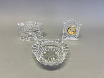 Baccarat Ashtray And Waterford Trinket Jar And Clock