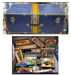 Large Lot Of TYCO Trains, Tracks & Vintage Blue Yellow Industrial Metal Trunk