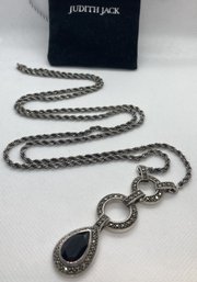 Stunning Signed JUDITH JACK Sterling Silver Statement Necklace With Onyx And Marcasite Drop Pendant