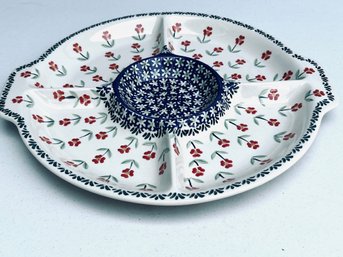 Handmade Polish Pottery Chip & Dip Serving Bowl