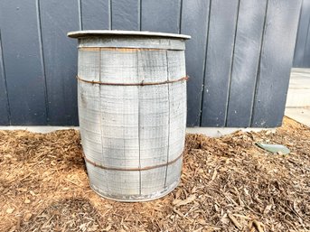 Rustic Lidded Wood Barrel With Galvanized & Iron Banding