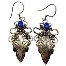 Vintage Sterling Silver Victorian Inspired Lapis Stone Dangle Earrings