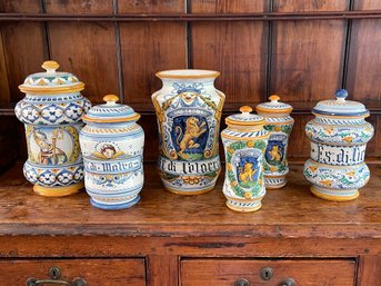 Vintage Intricately Hand Painted Italian Pottery Vase And Canister Set