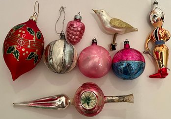 Vintage Lot Christmas 8 Ornaments - Glass - Soldier - Bird - Topper - Grapes - Holly - Reflection -  As Found