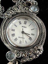 VTG Boma Quartz Wrist Cuff Watch Sterling 925 Aquamarine & Marcasite Face MOP 7.5' NEW BATTERY WORKING