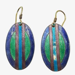 Vintage Sterling Silver Vermeil Oval Dangle Earrings With Colorful Geometric Design