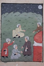 Hand Painted Indian Or Persian Miniature Depicting Scholars In Conversation With Writing On Back