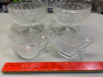 Sandwich Glass Pedestal Bowls 5.5x6 And Creamer Pitchers