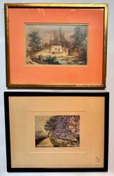 2 Small Hand Painted Lithographs, 1 Signed Wallace Nutting