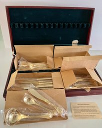 NEW!!  Service For 8- FB Rogers Gold Plated Flatware Set American Chippendale- 35 Pieces With Storage Chest