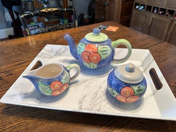 3 Pc. Teapot, Sugar & Creamer With Better Homes Melamine Handled Tray