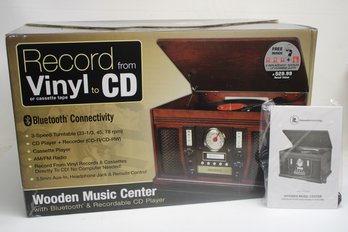 New In Box Innovative Technology Wooden Music Center With Bluetooth & Recordable CD, Cassette & Record Player