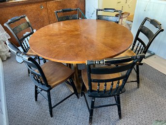 Round Vintage Dining Table With Six Hitchcock Chairs