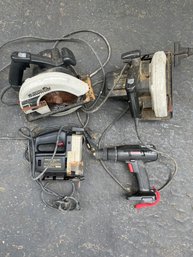 Lot Of Two Craftsman Circular Saws, Auto Scroller Saw, And Power Drill