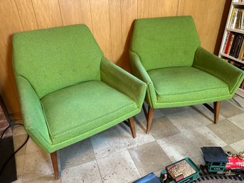 Pair Of Mid Century Danish Teak Green Arm Chairs