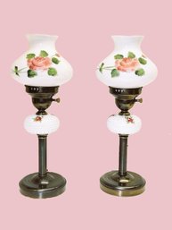 Vintage Pair Of Working Hand Painted Milk Glass Boudoir Lamps With Hurricane Shades