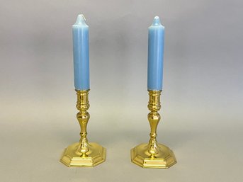 Pair Of Baldwin Polished Brass Candlesticks With Candles